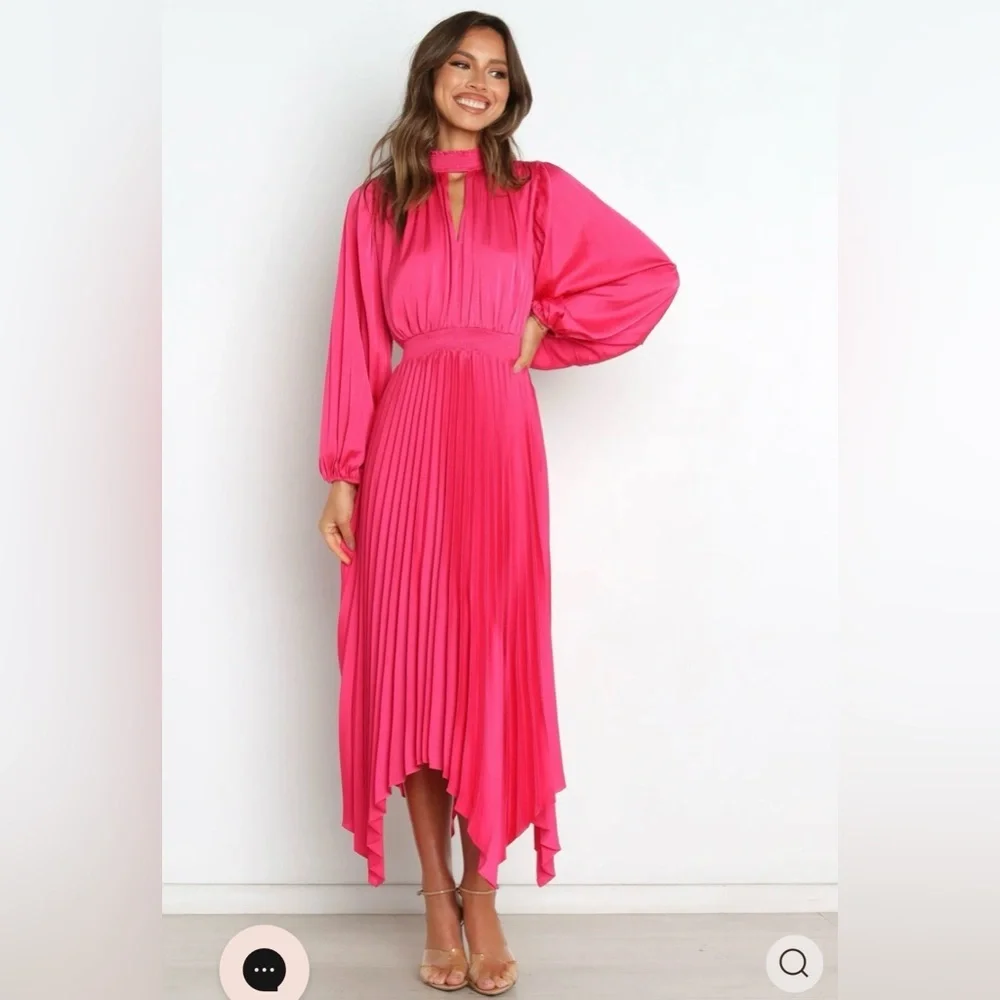 Petal & Pup Pleated Long Sleeve Midi Semi Formal Pink Satin Cocktail Dress US 8 - Picture 4 of 12